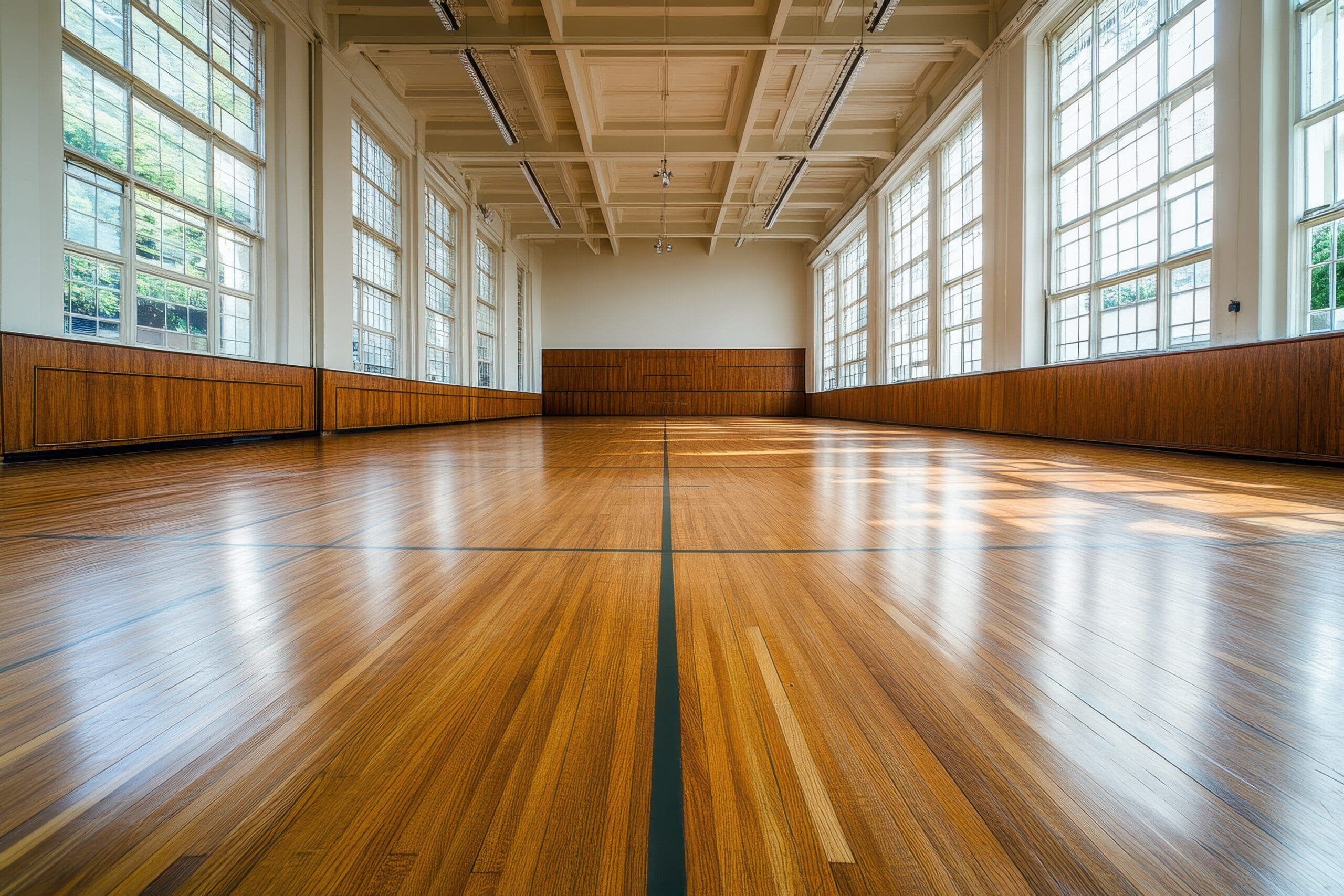 Große Sporthalle mit hochwertigem, elastischem Holzfußboden für optimale Dämpfung und Performance.