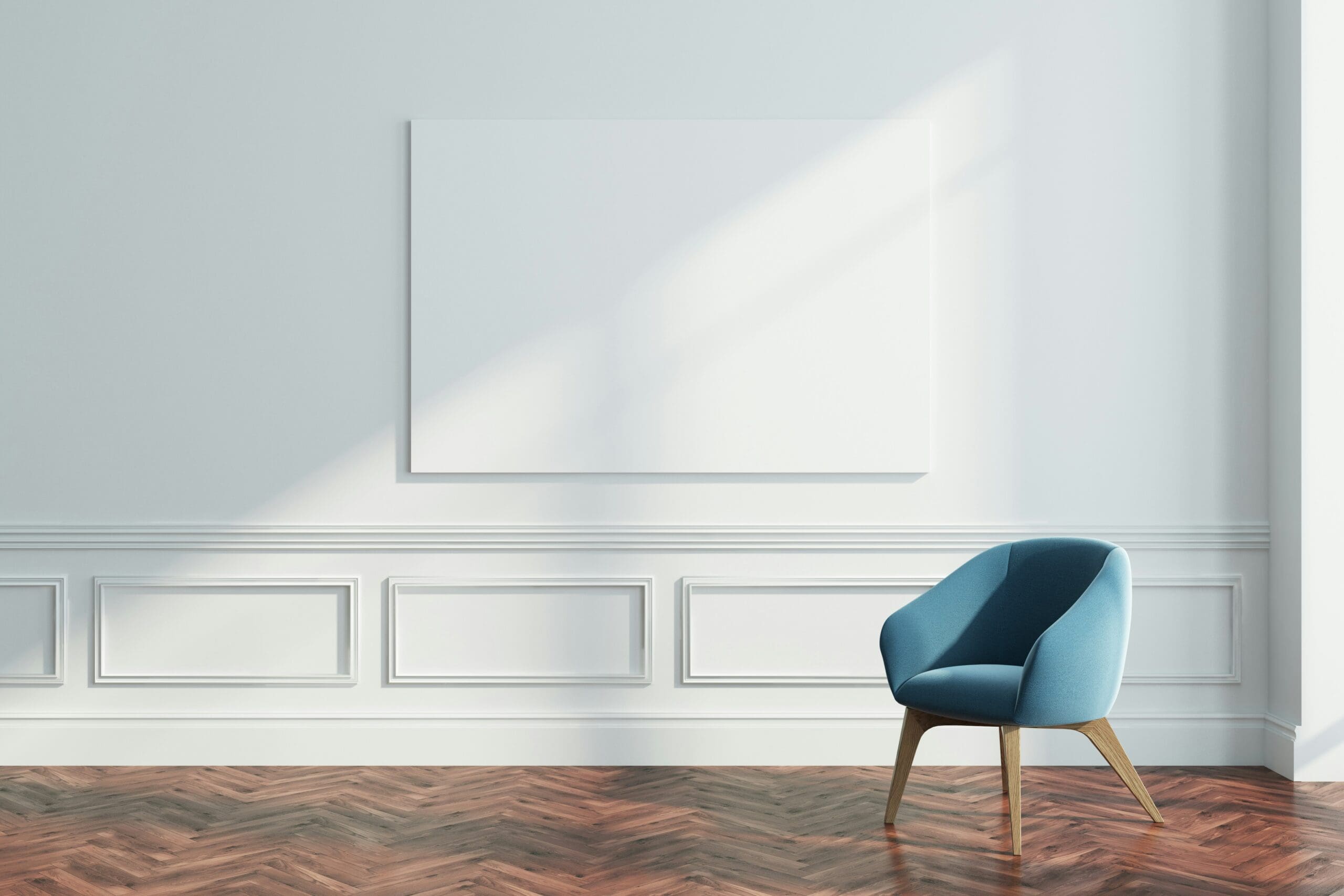 Helles Wohnzimmer mit Fischgrät-Parkett, weißer Wandgestaltung und modernem blauen Designstuhl. Symbol für harmonisches Zusammenspiel von Boden, Wand und Einrichtung.