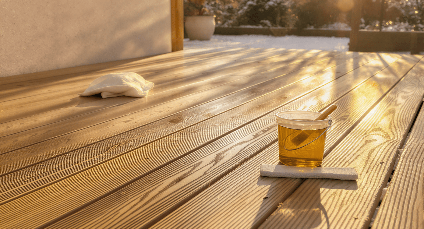Realistische Winteraufnahme einer frisch gereinigten Holzterrasse aus Lärche oder Douglasie. Die Dielen sind sauber, leicht feucht und trocknen in der tief stehenden Wintersonne. Im Vordergrund steht ein kleiner Eimer mit Holzöl und ein flacher Auftragspad oder Pinsel, dezent platziert. Das Holz zeigt eine warme, natürliche Maserung, feiner Dampf oder Glanz durch die Sonne – keine Überbelichtung. Im Hintergrund: ruhiger Garten oder Terrasse mit leichter Schneeschicht, kühle Luft, lange Schatten. Stimmung: ruhig, klar, authentisch – wie eine professionelle Aufnahme kurz vor dem Ölen. Keine Personen, kein übertriebener Glanz, realistische Texturen, weiches Sonnenlicht, natürliche Farben.