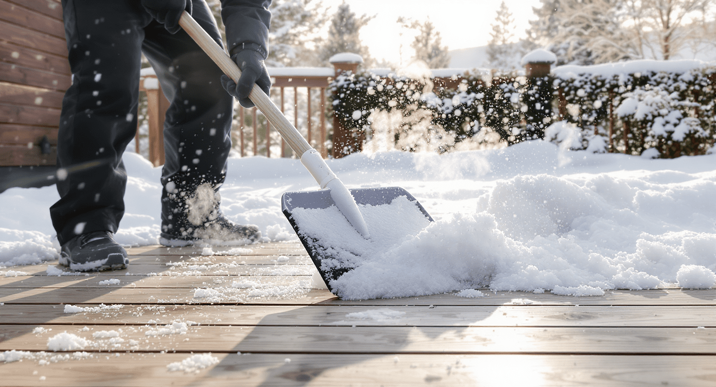 Realistische Winteraufnahme einer verschneiten Holzterrasse aus Naturholz (z. B. Lärche oder Bangkirai) im morgendlichen Sonnenlicht. Eine Person in wetterfester Winterkleidung räumt den frischen Schnee mit einer flachen Schneeschaufel, die eine schwarze Gummikante hat. Die Holzplanken sind teilweise freigeräumt – darunter sichtbar das warme Holz mit feuchtem Glanz. Im Hintergrund: Garten oder Terrasse eines Einfamilienhauses, leichte Schneeschicht auf Geländer und Pflanzen. Authentisches Licht, kühle Luft, zarte Dampfwölkchen durch Sonneneinstrahlung, keine Überbelichtung, keine künstlichen Farben. Fokus auf realistischer Textur von Schnee und Holz, klare Linien und natürliche Schatten.