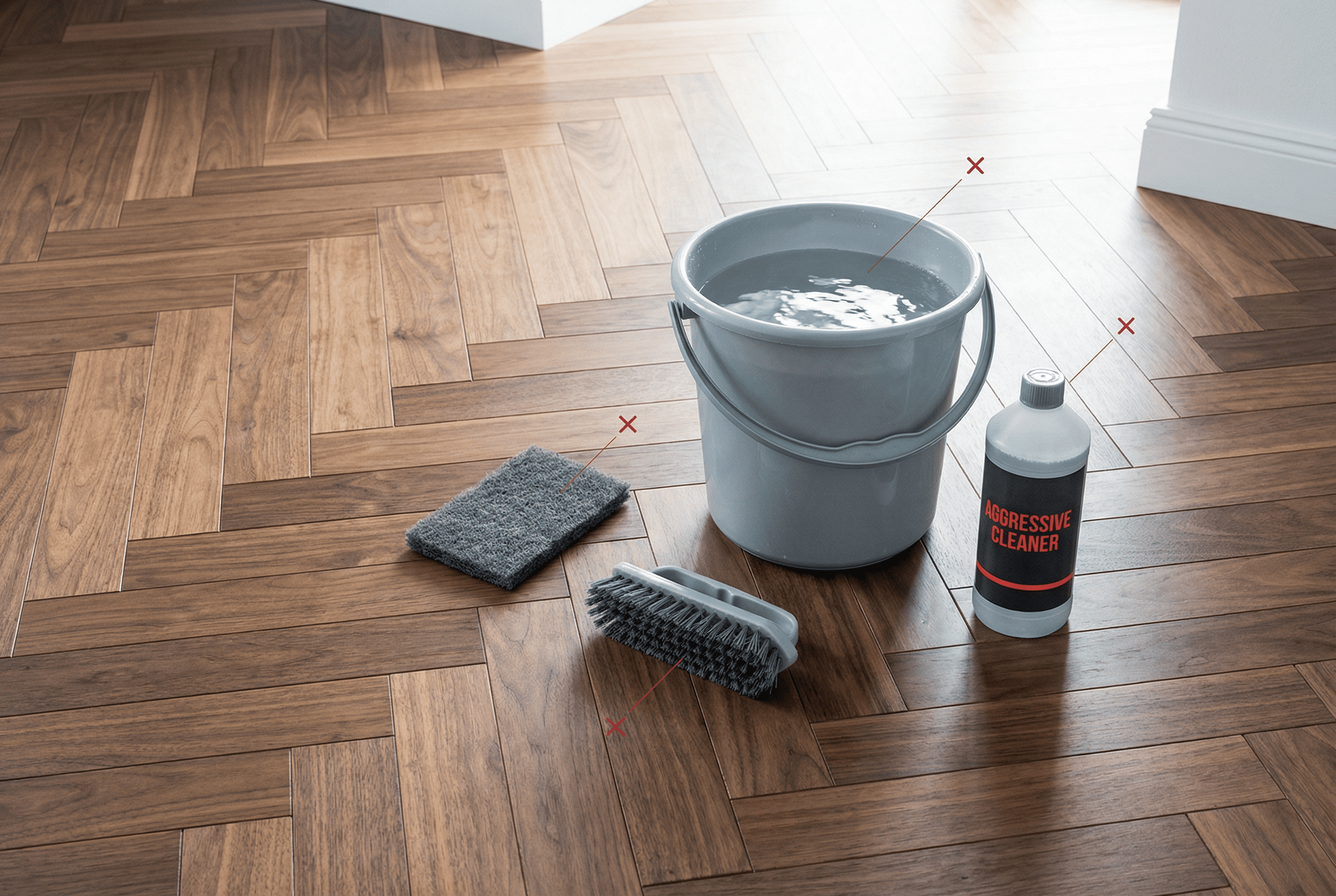 Ungeeignete Reinigungsmittel für Parkett: Eimer mit Wasser, grober Schwamm, harte Bürste und aggressiver Reiniger auf Holzparkett – gekennzeichnet als Fehler bei der Parkettreinigung.