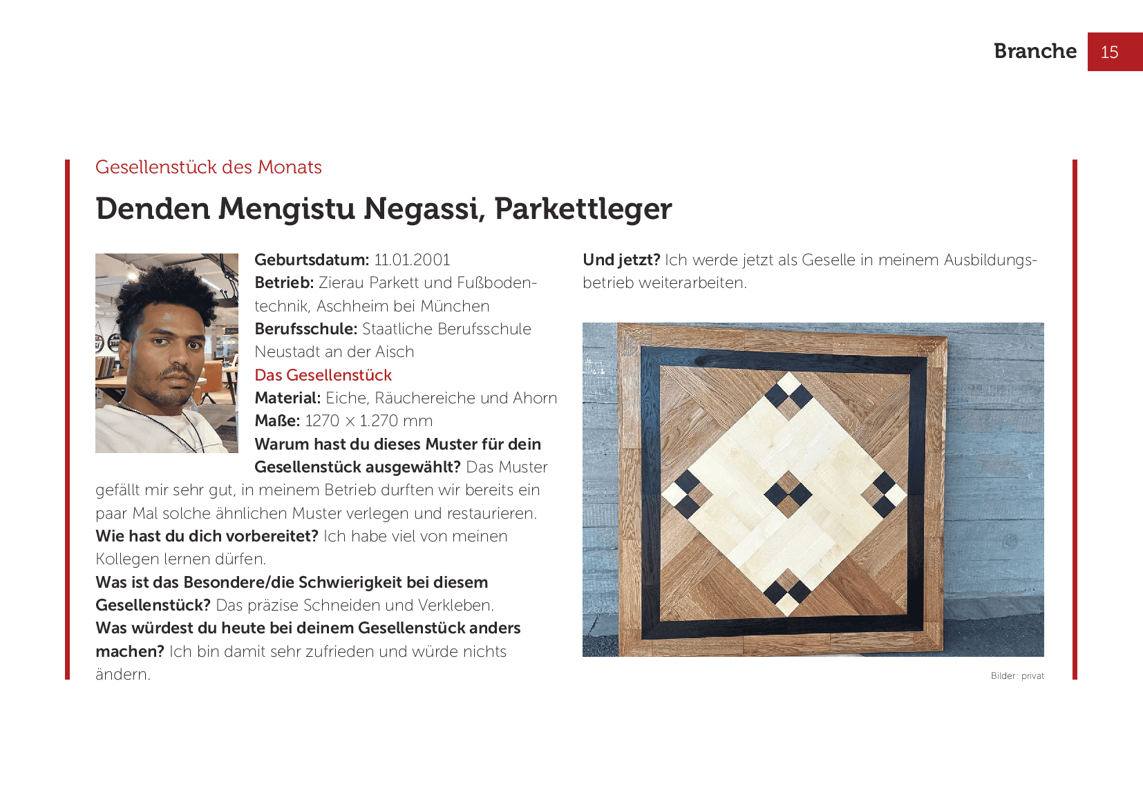 Parkett Gesellenstück aus Eiche, Räuchereiche und Ahorn von Parkettleger Zierau Parkett München mit geometrischem Muster